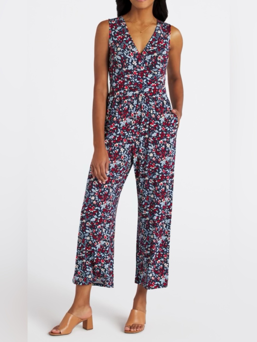 Sleeveless Floral V-Neck Jumpsuit in Red White & Blue, Stretchy & Flowy